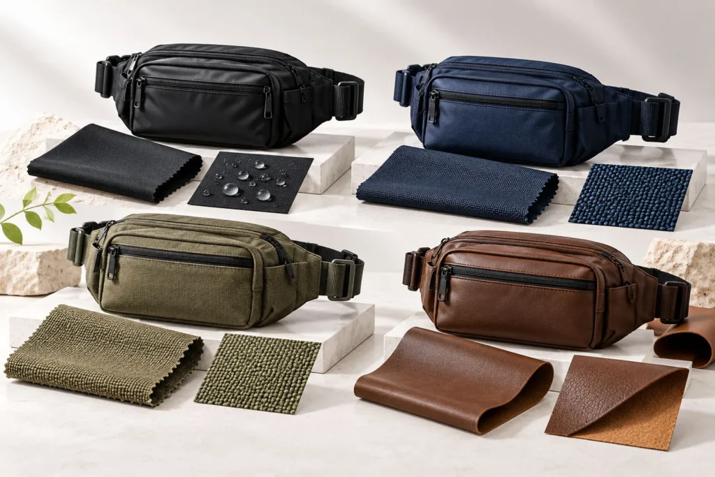 Custom fanny packs made from nylon, polyester, canvas, and PU leather with matching material samples.