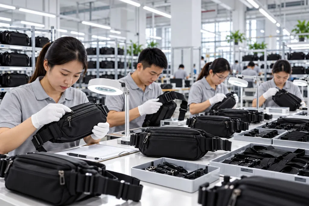 Quality control inspectors checking fanny pack zippers, straps, stitching, and workmanship in a bag factory.