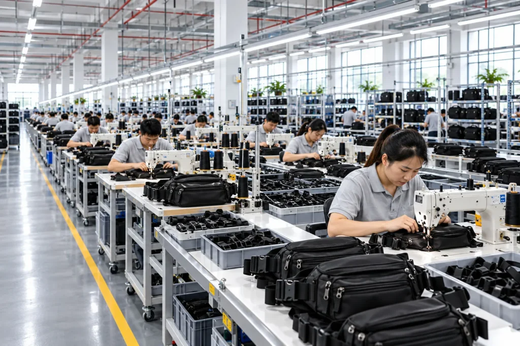 Workers sewing and assembling custom black fanny packs on a modern bag factory production line.