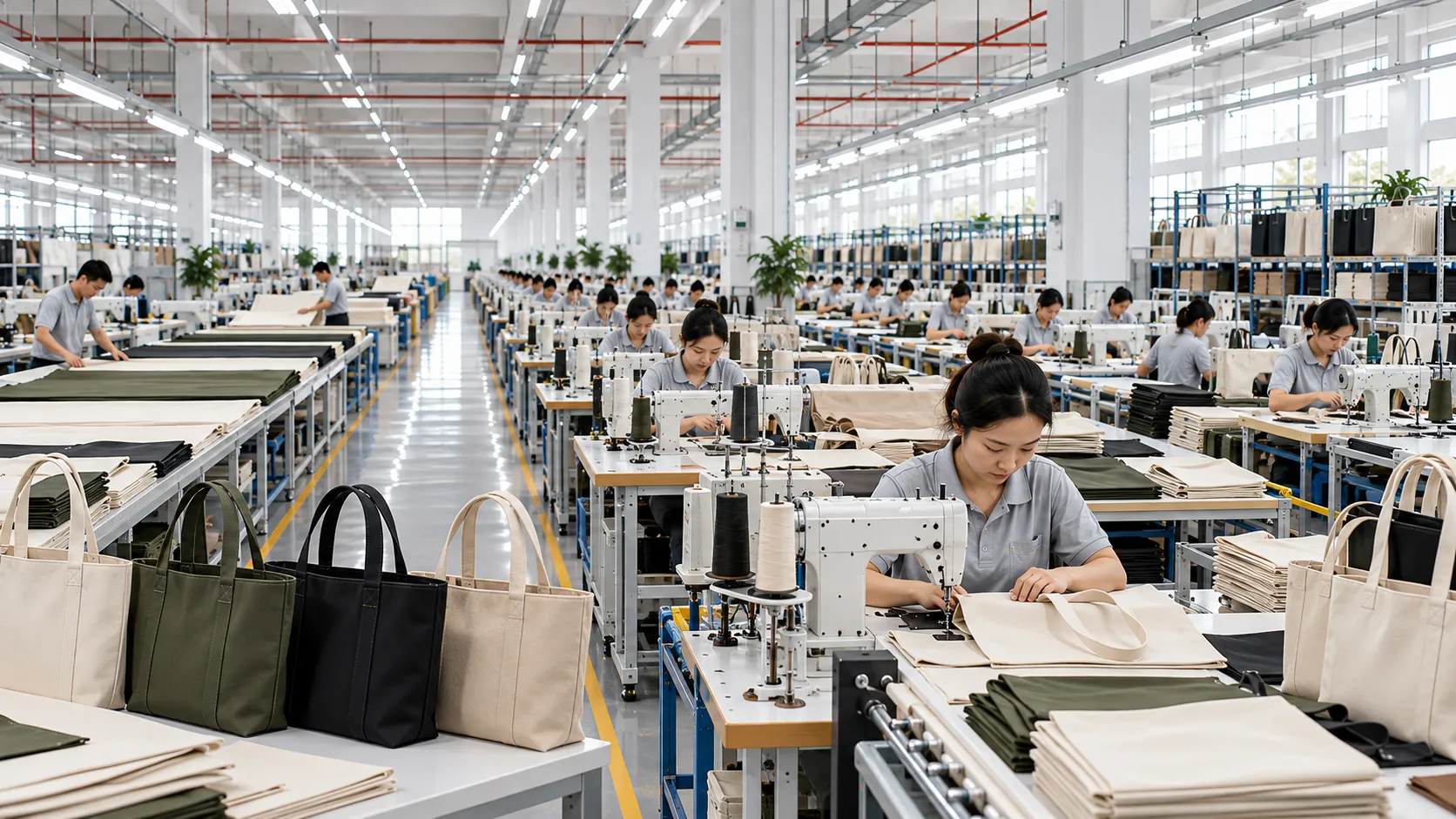 Custom tote bag factory production scene
