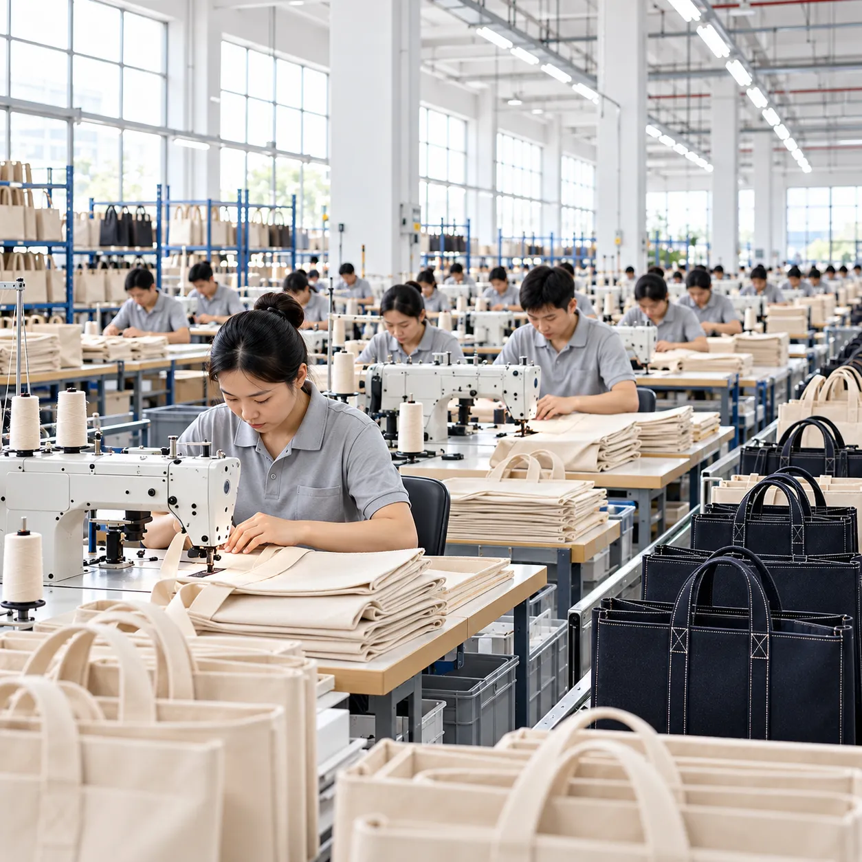 Tote bag manufacturing production line at Tamador factory
