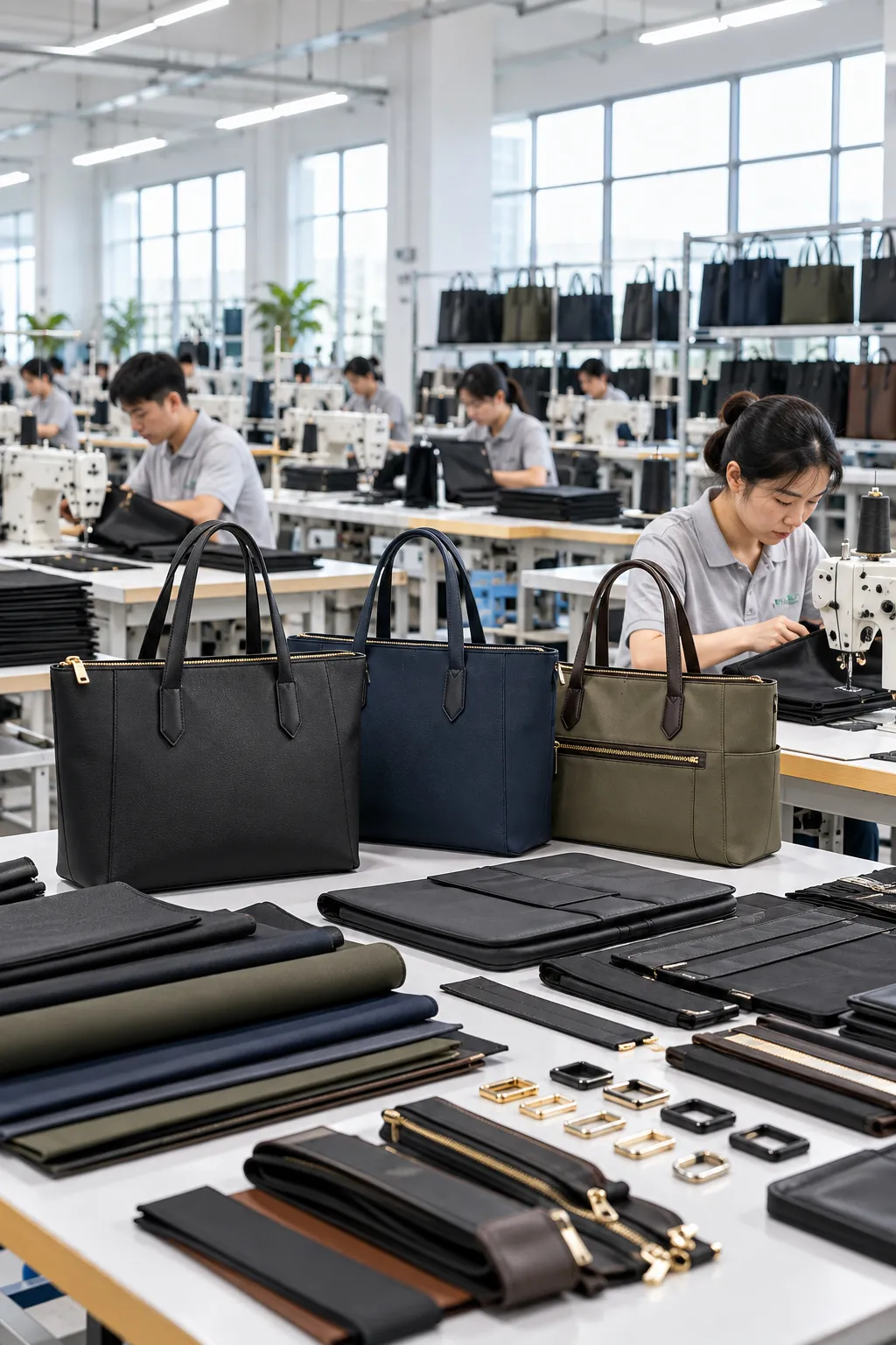 Premium modern professional factory scene, clean bag manufacturing workshop, PU and nylon work tote bag production, structured dark business work tote bags on worktable, workers sewing in bright modern factory background